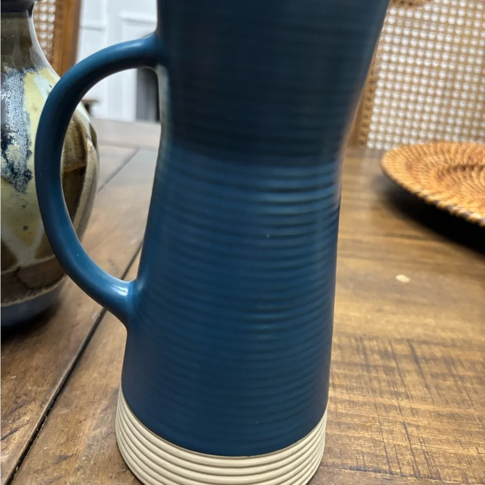 Crate&barrel blue and beige ceramic ribbed candle holder